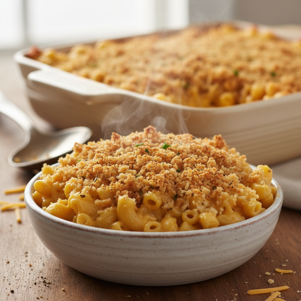 Classic Baked Mac and Cheese with Crispy Breadcrumb Topping recipe