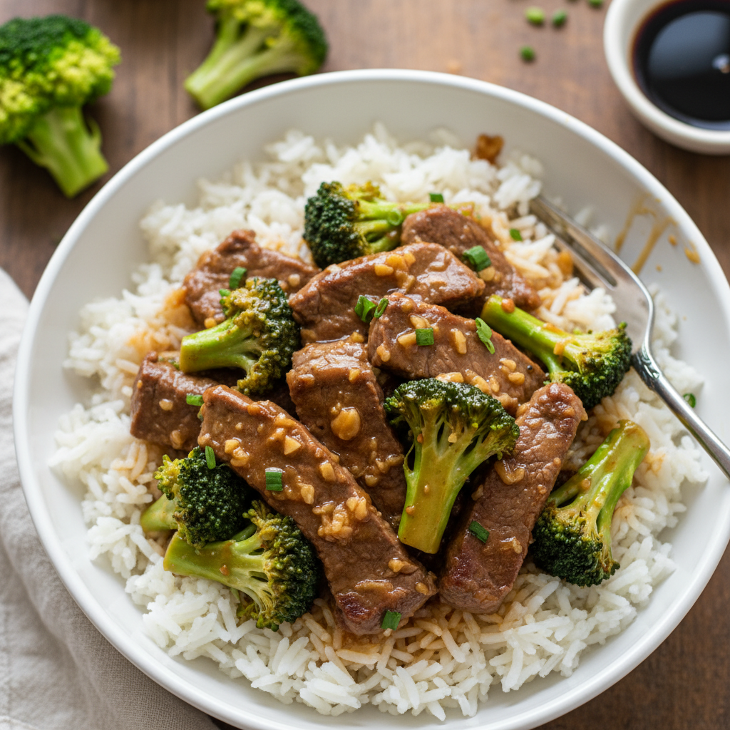 Soy-Ginger Beef and Broccoli with Steamed Rice recipe