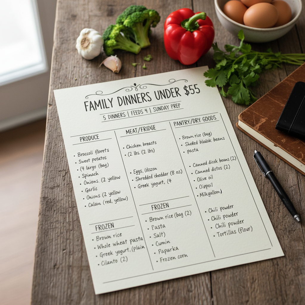 Meal Prep Grocery List Template for 5 Dinners Under $55