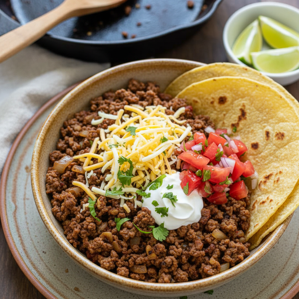 Skillet Ground Beef Taco Meat with Homemade Seasoning